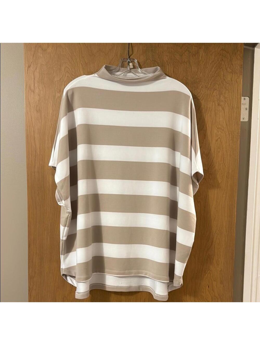 Cable and Gauge Beige White Stripe Mock Neck Short Sleeve Knit Top Women's XXL - Picture 1 of 6